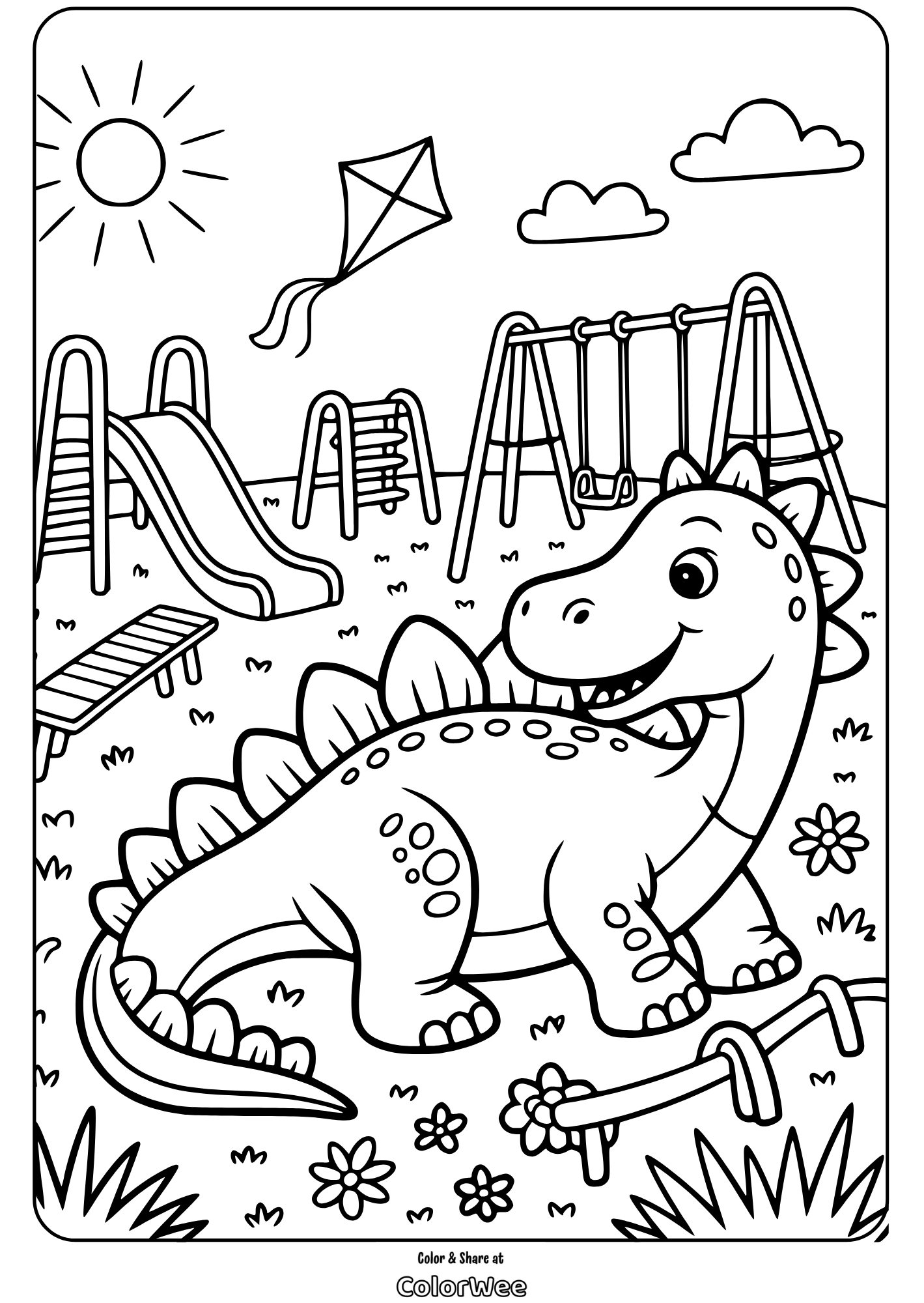 Smiling dinosaur in playground coloring page for kids.