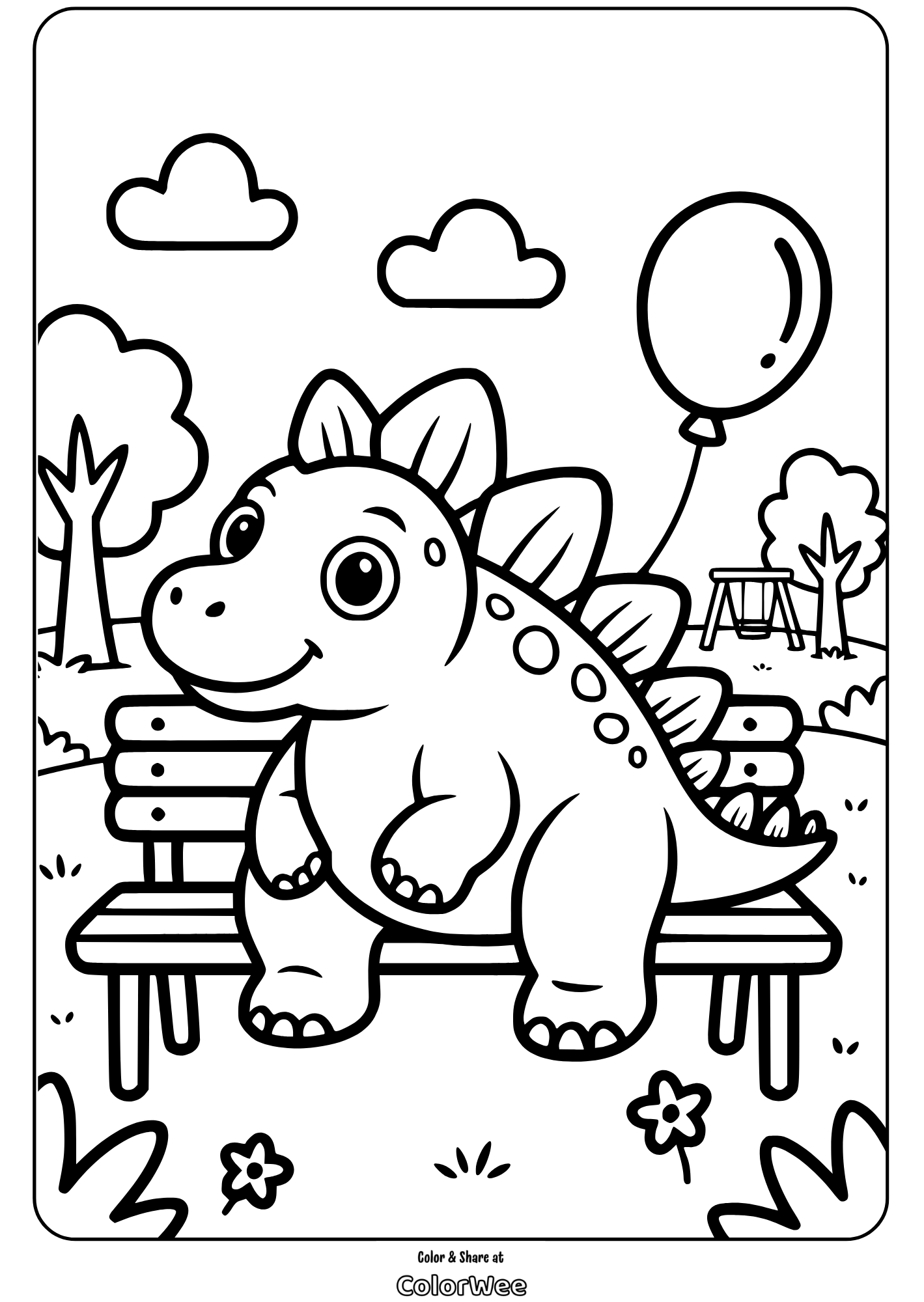 Cute dinosaur coloring page with balloon and park scene.
