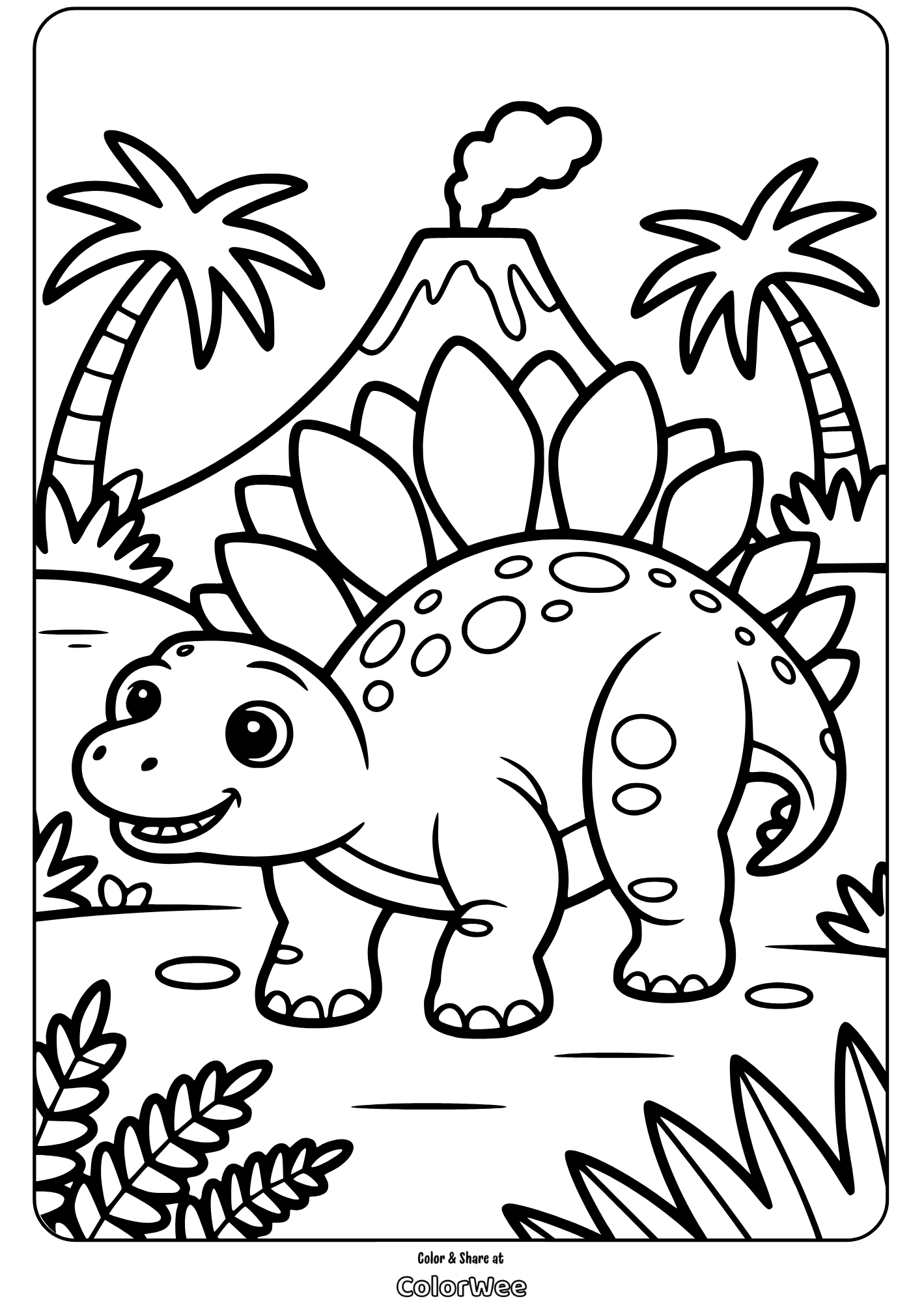 Smiling stegosaurus with volcano background coloring page for kids.