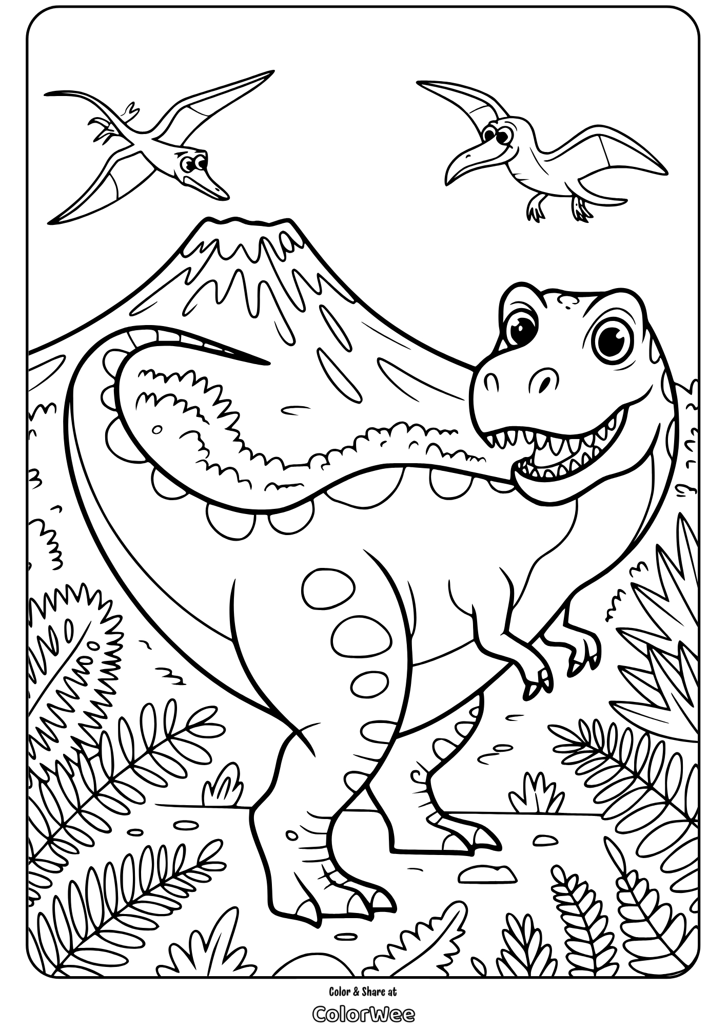 Dinosaur coloring page with volcano and flying reptiles.
