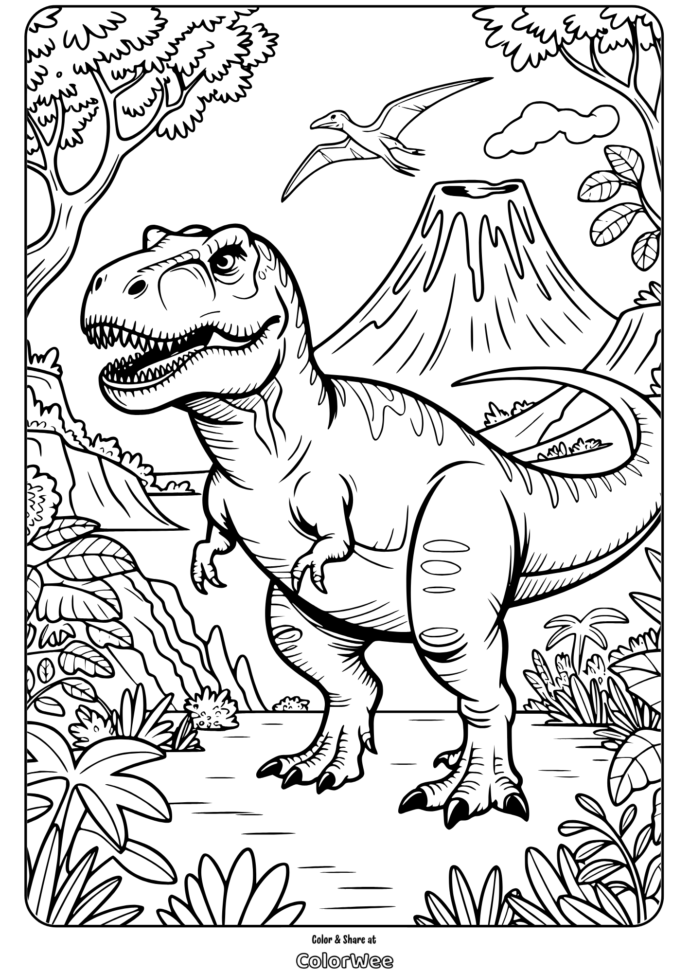 T-Rex and volcano coloring page with trees and dinosaur.