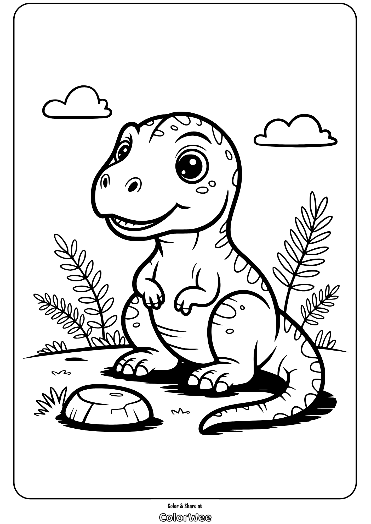 Cute dinosaur coloring page for kids with plants and cloud.