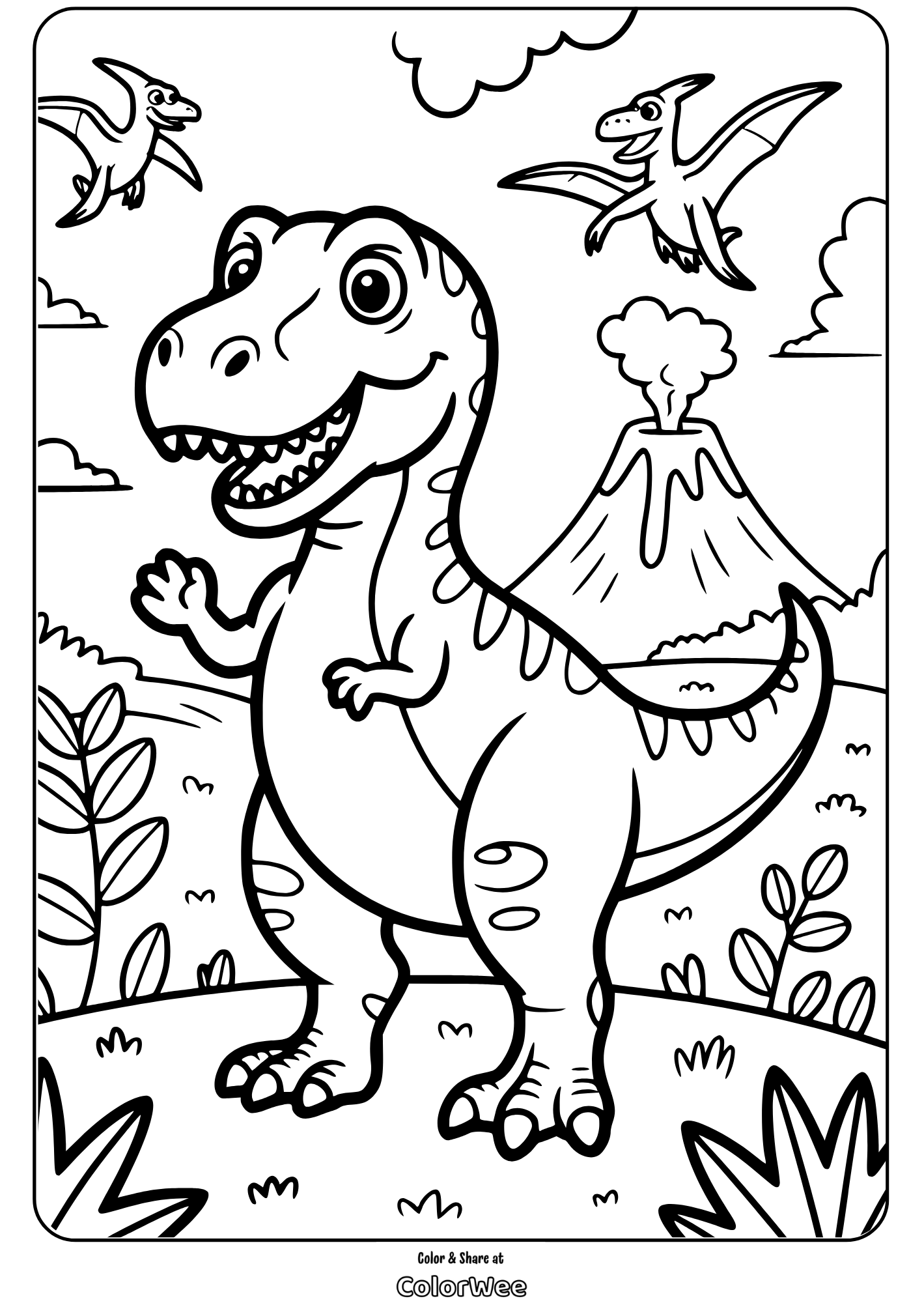 Dinosaur coloring page with volcano and pterodactyls flying.