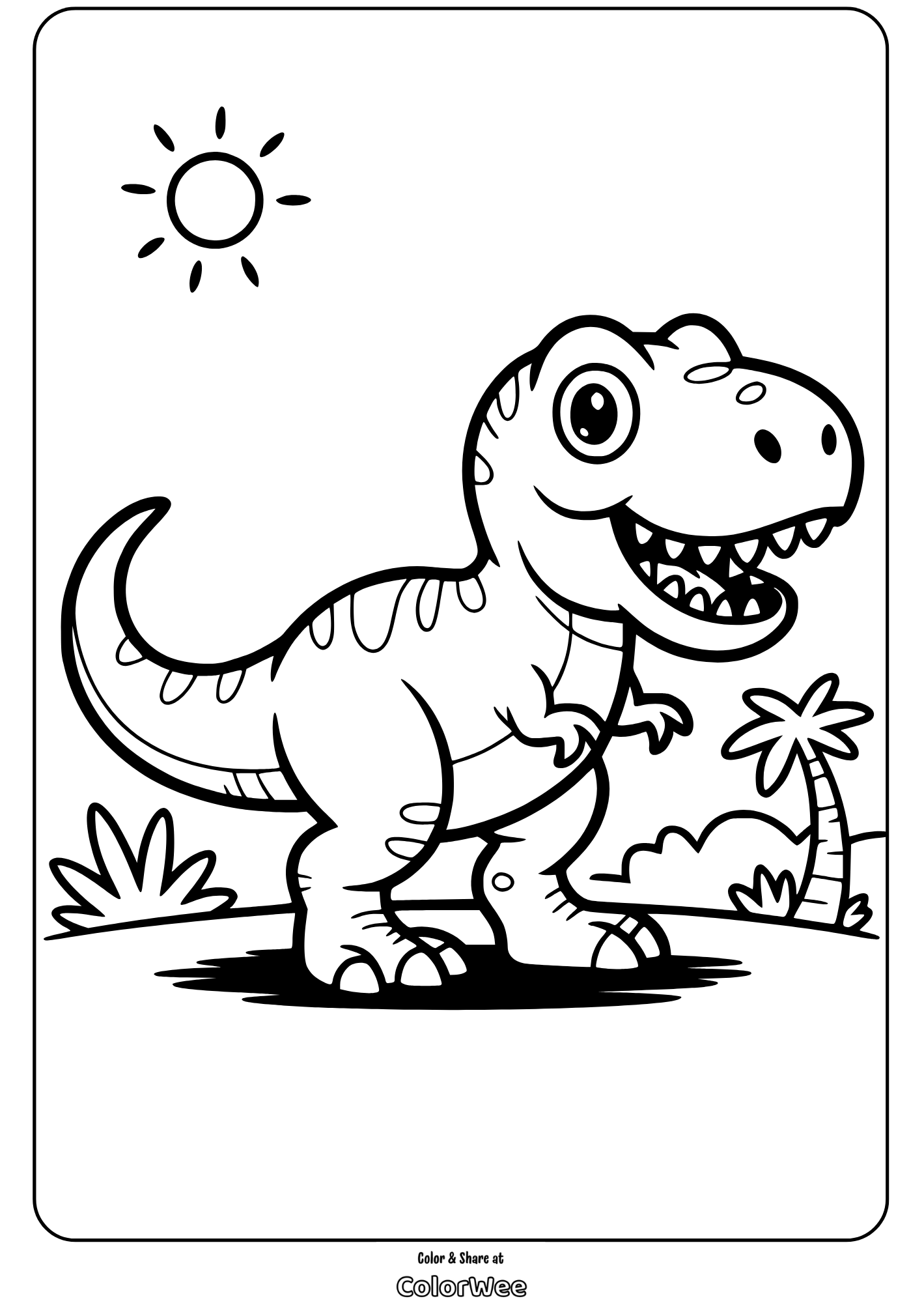 Cute dinosaur coloring page with sun and plants.