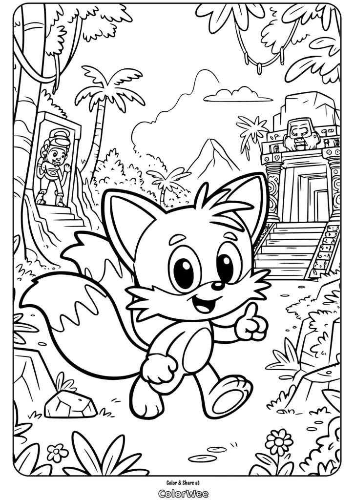 Cute fox in jungle adventure coloring page with a temple background.