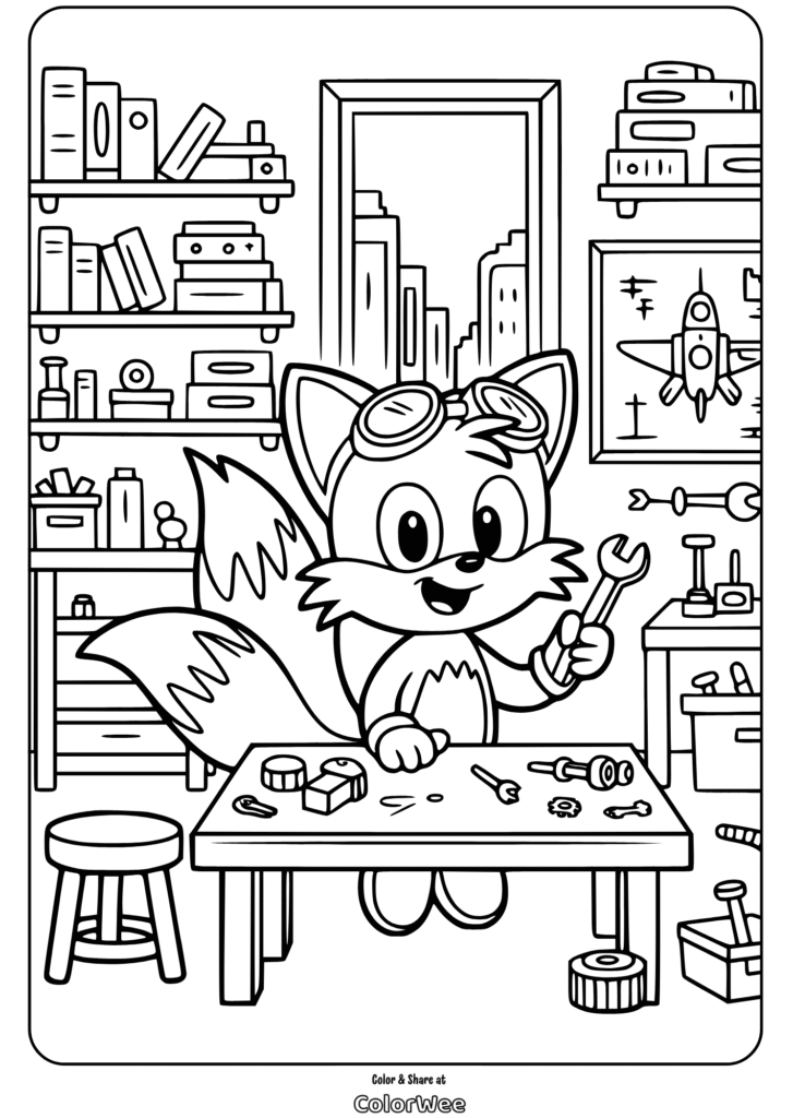 Fox mechanic coloring page for kids, with tools in workshop.