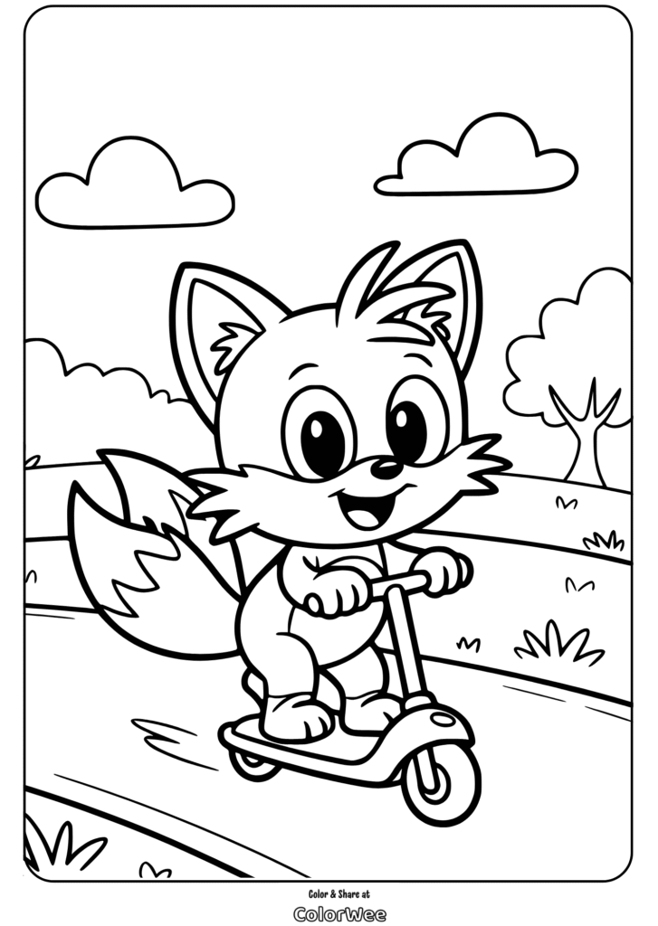 Cute fox on a scooter coloring page for kids.