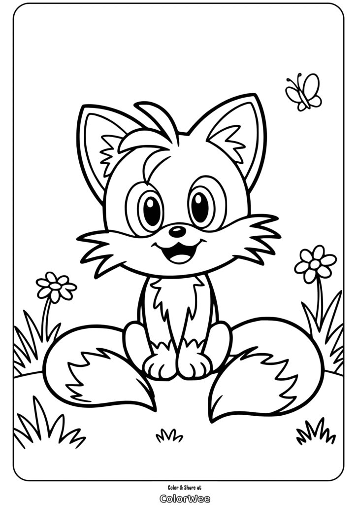 Cute fox coloring page with flowers and butterfly.