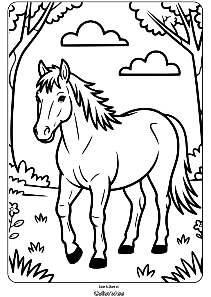 Horse coloring page for kids with nature background.