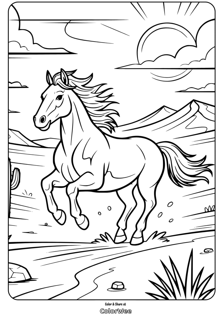 Wild horse galloping in a desert landscape coloring page.