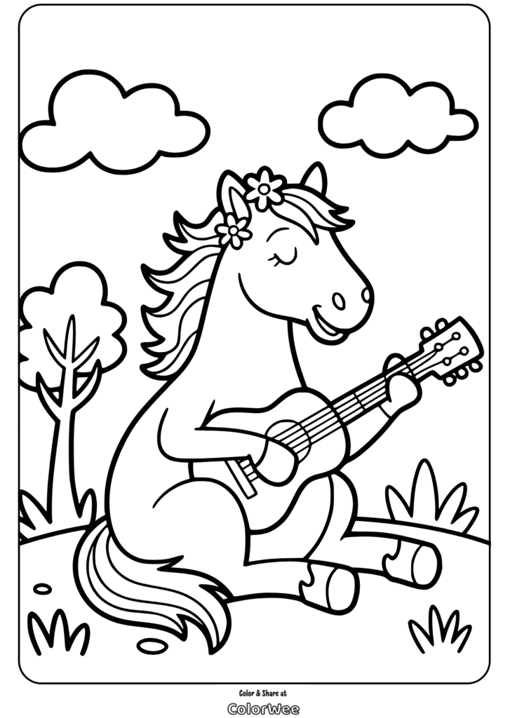 Happy horse playing guitar in a field, coloring page.