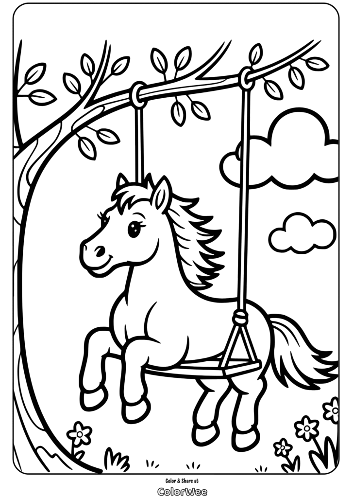 Cute pony on a swing coloring page for kids.