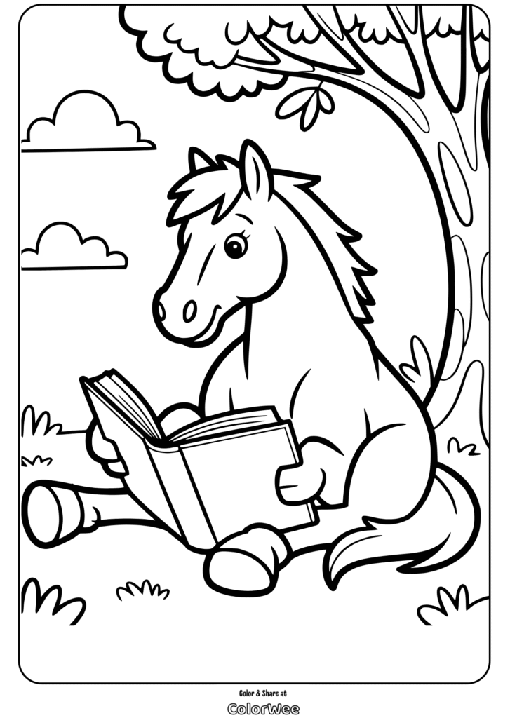 Horse reading book under tree coloring page.
