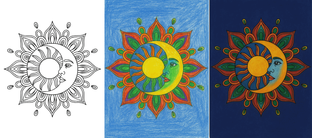 Animal Mandala Coloring Pages Sun and moon mandala coloring page, two colored versions shown.