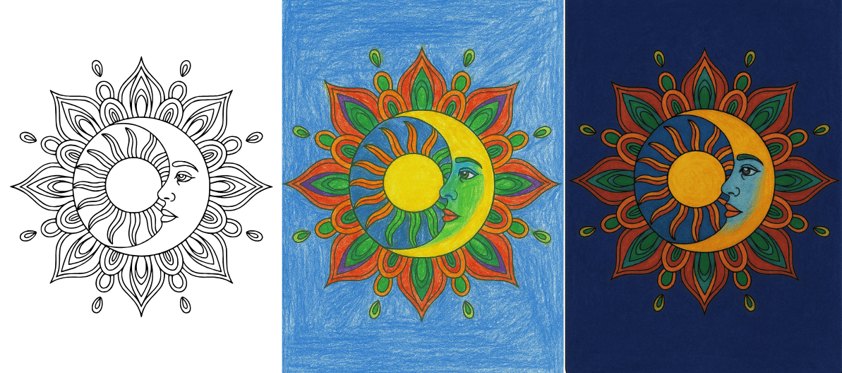 Animal Mandala Coloring Pages Sun and moon mandala coloring page, two colored versions shown.