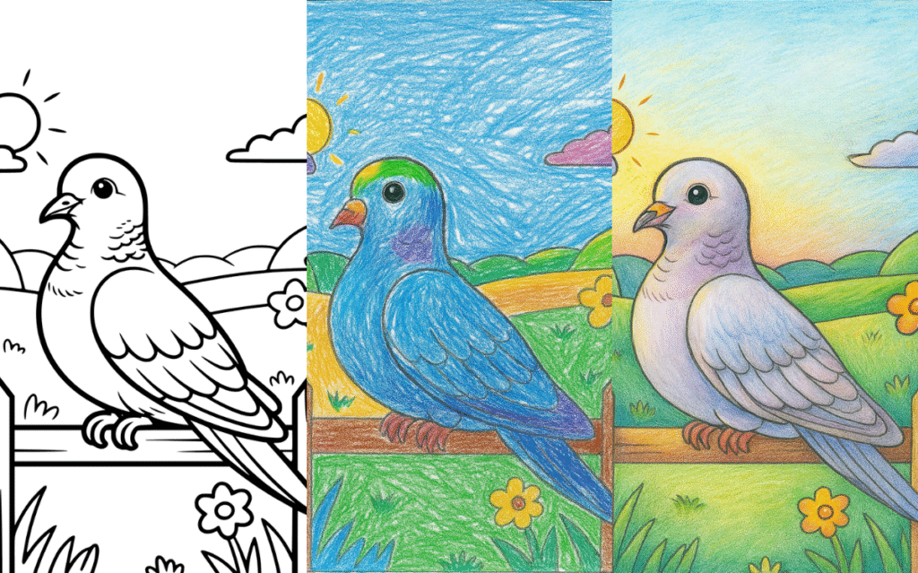 Bird Coloring Page Coloring page with a bird on a fence under a sunny sky.