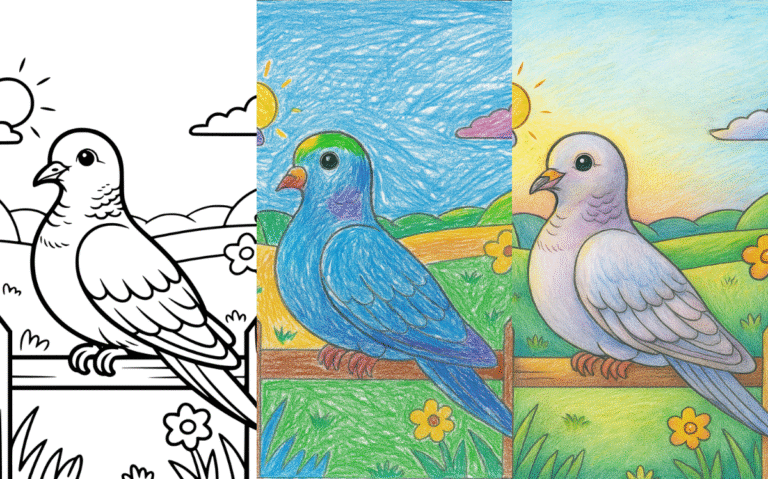 Bird Coloring Page Coloring page with a bird on a fence under a sunny sky.