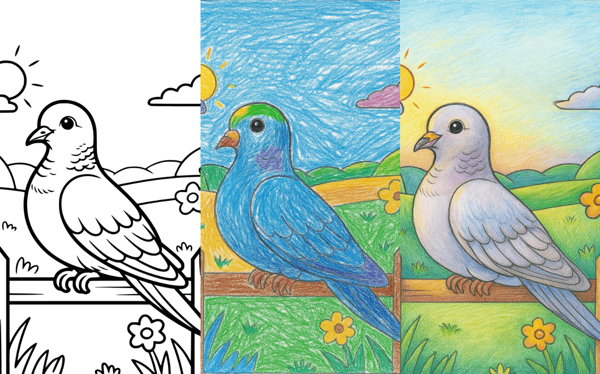 Coloring page with a bird on a fence under a sunny sky.