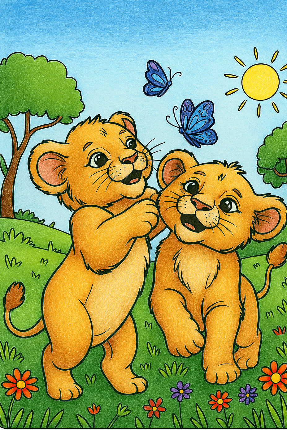 ChatGPT Image 23 Okt 2025 14.04.30 edited Two lion cubs and a butterfly in a sunny field coloring page.