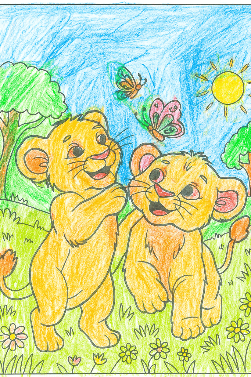 ChatGPT Image 23 Okt 2025 14.14.22 edited 1 Cute lion cubs with butterflies in a sunny meadow coloring page.