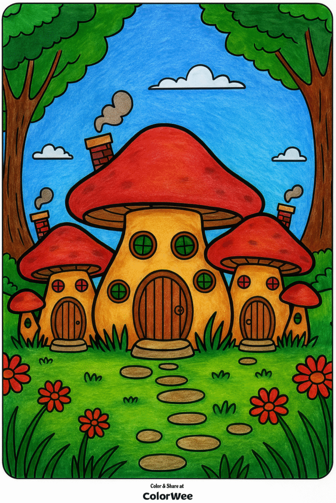 ChatGPT Image 30 Okt 2025 12.03.48 Colorful mushroom houses in an enchanted forest coloring page.