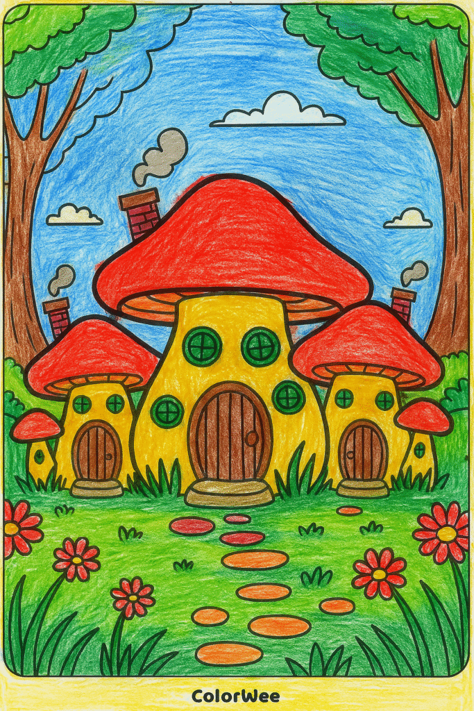 ChatGPT Image 30 Okt 2025 12.08.24 Colorful mushroom houses in a whimsical forest setting.