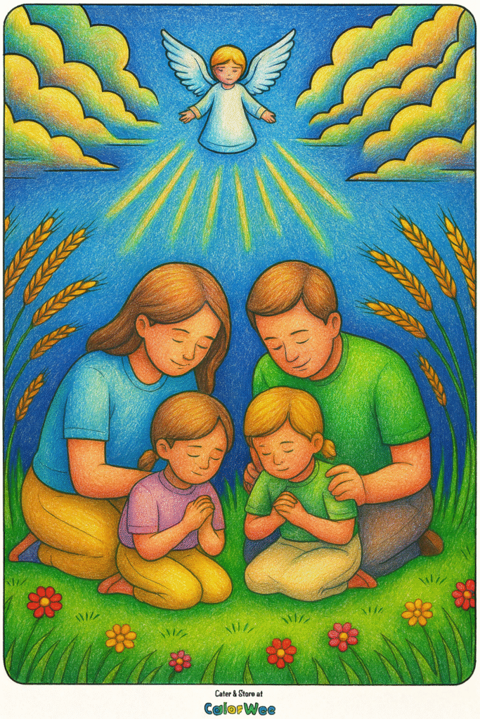 ChatGPT Image Oct 22 2025 04 41 34 PM Family praying together with angel and golden sky. Coloring page.