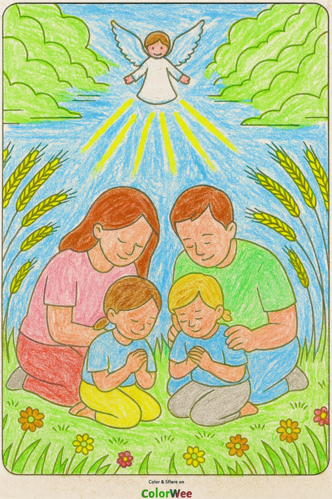 ChatGPT Image Oct 22 2025 04 43 42 PM Family praying under angel in nature coloring page.