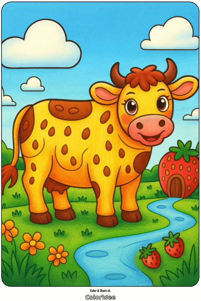 ChatGPT Image Oct 23 2025 06 48 26 PM Adorable cow coloring page with a scenic farm background.