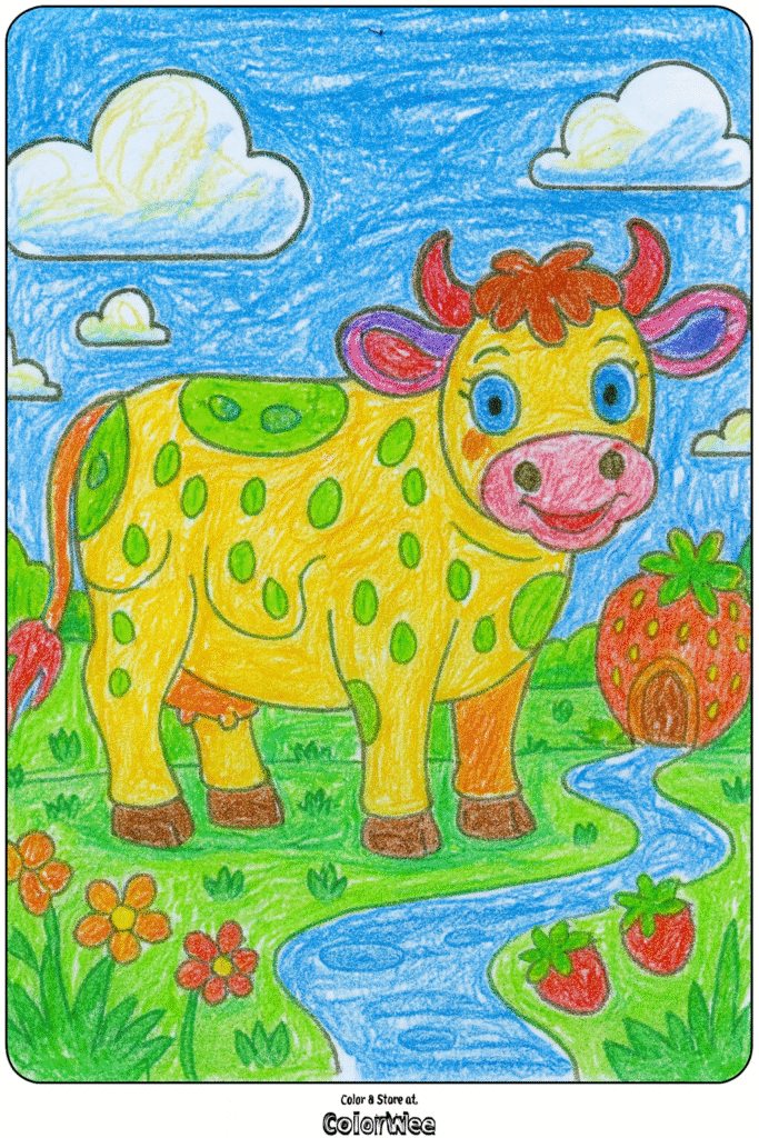 ChatGPT Image Oct 23 2025 06 53 43 PM Colorful cow by a stream in a vibrant landscape coloring page.