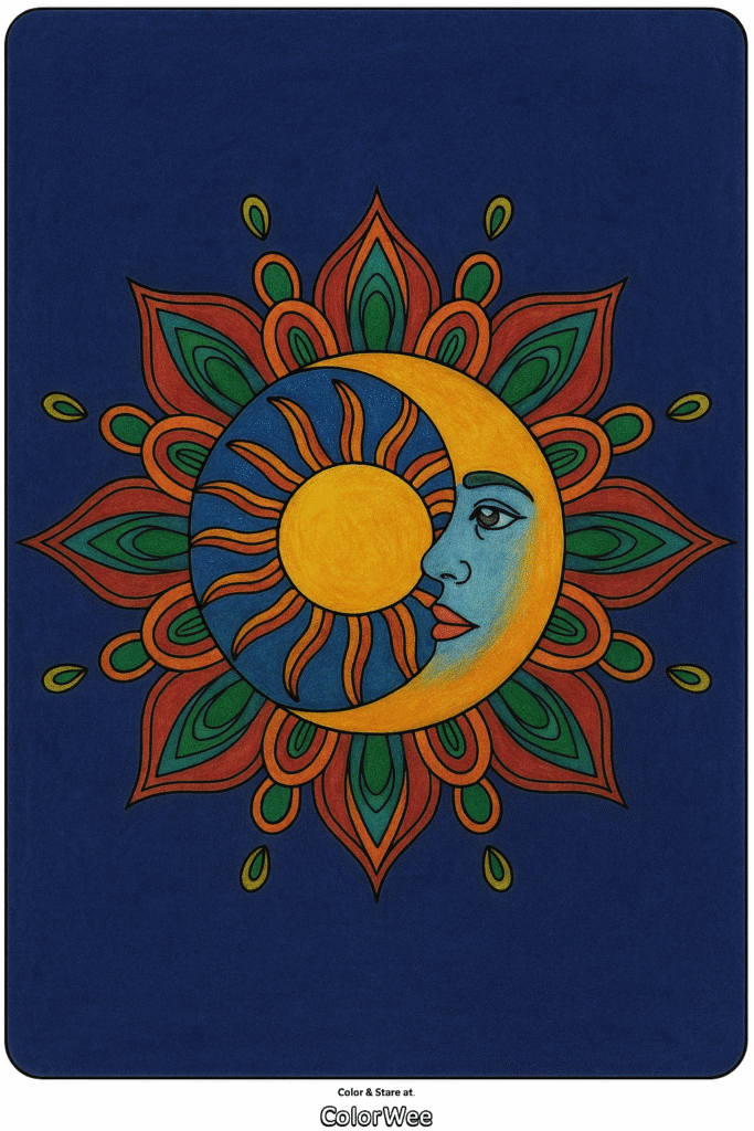 ChatGPT Image Oct 24 2025 04 03 39 PM Sun and moon mandala coloring page with vibrant petals.