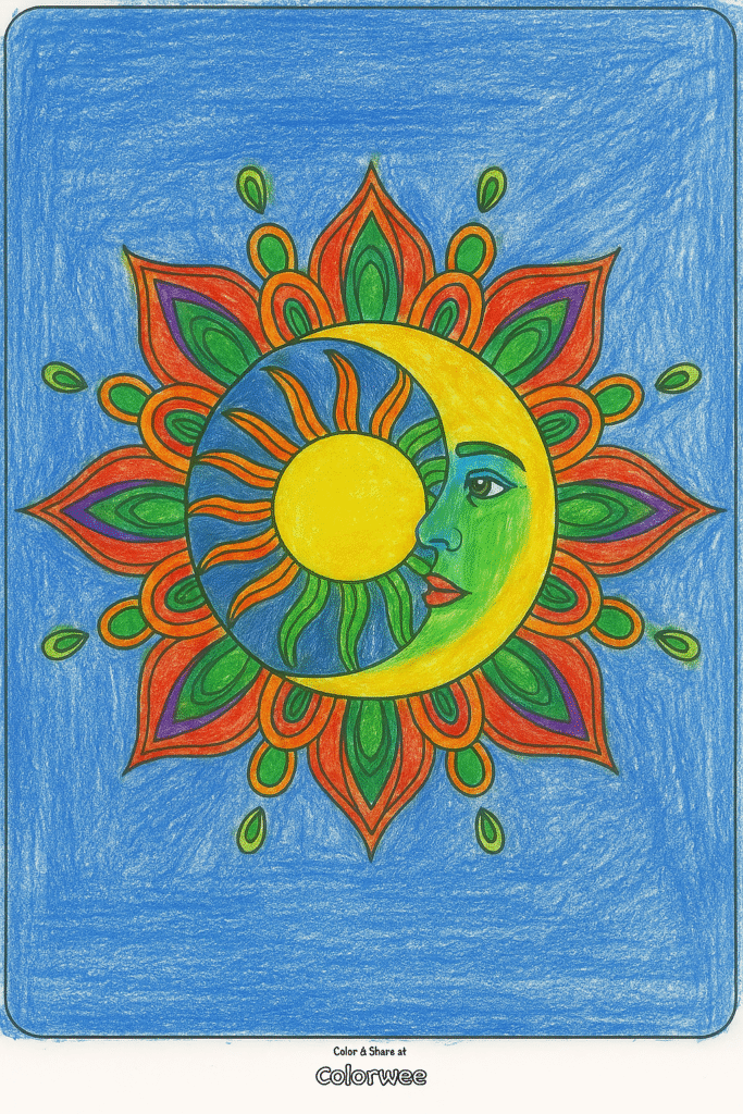 ChatGPT Image Oct 24 2025 04 26 40 PM Sun and moon coloring page with vibrant colors and patterns.