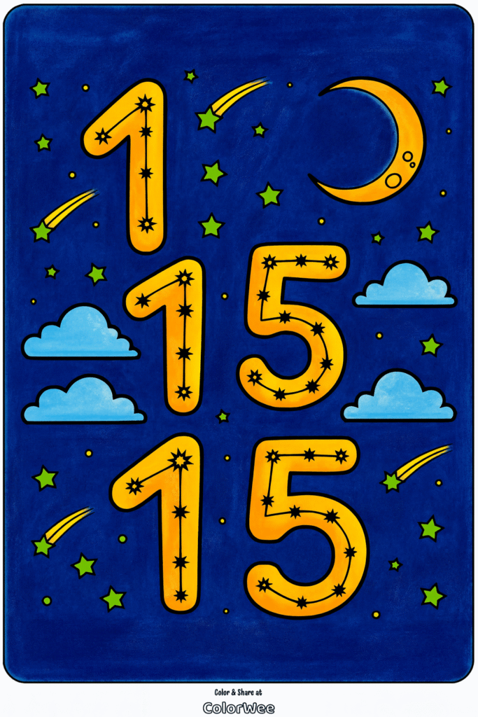 Coloring page with stars, moon, and numbers 1, 15, 15.
