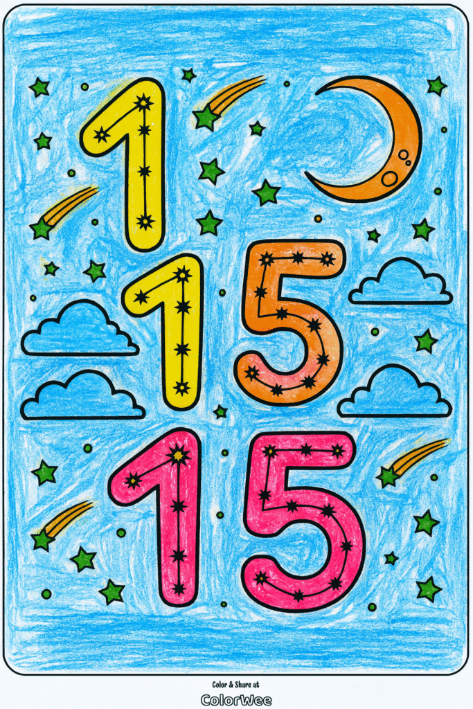Colorful numbers with stars, moon, clouds, and space theme.