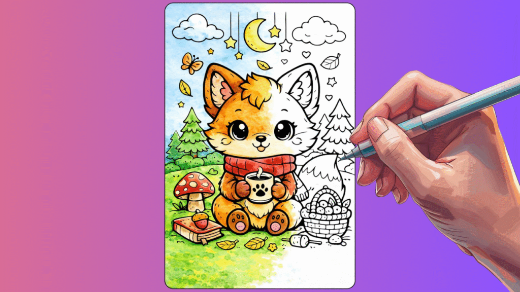 Cute fox coloring page, cozy forest scene, mushrooms, stars, and a moon.