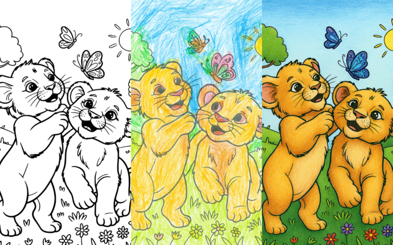 Lion Coloring Pages Lion cubs with butterflies in a sunny, colorful scene. Coloring page.