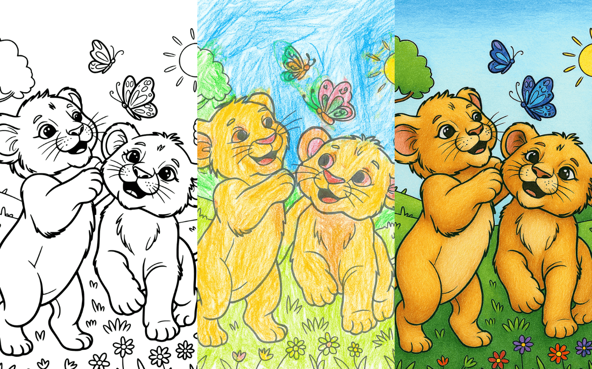 Lion Coloring Pages Lion cubs with butterflies in a sunny, colorful scene. Coloring page.