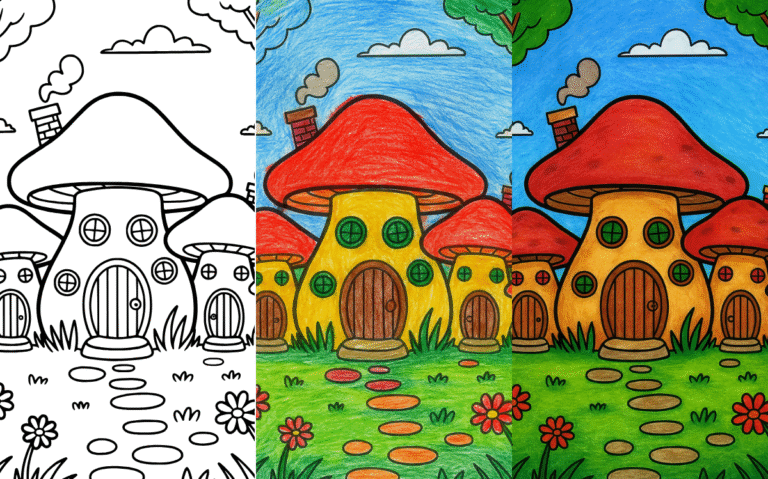 Mushroom Coloring Pages 1 Coloring page of whimsical mushroom houses with garden.