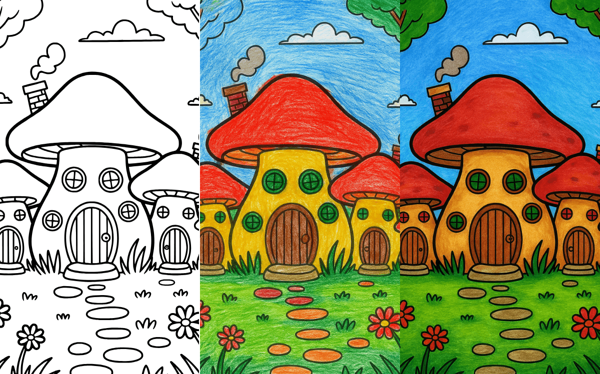 Coloring page of whimsical mushroom houses with garden.