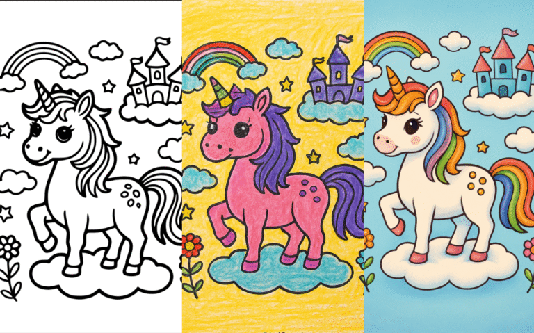 Unicorn with castle, rainbow, and clouds coloring page.