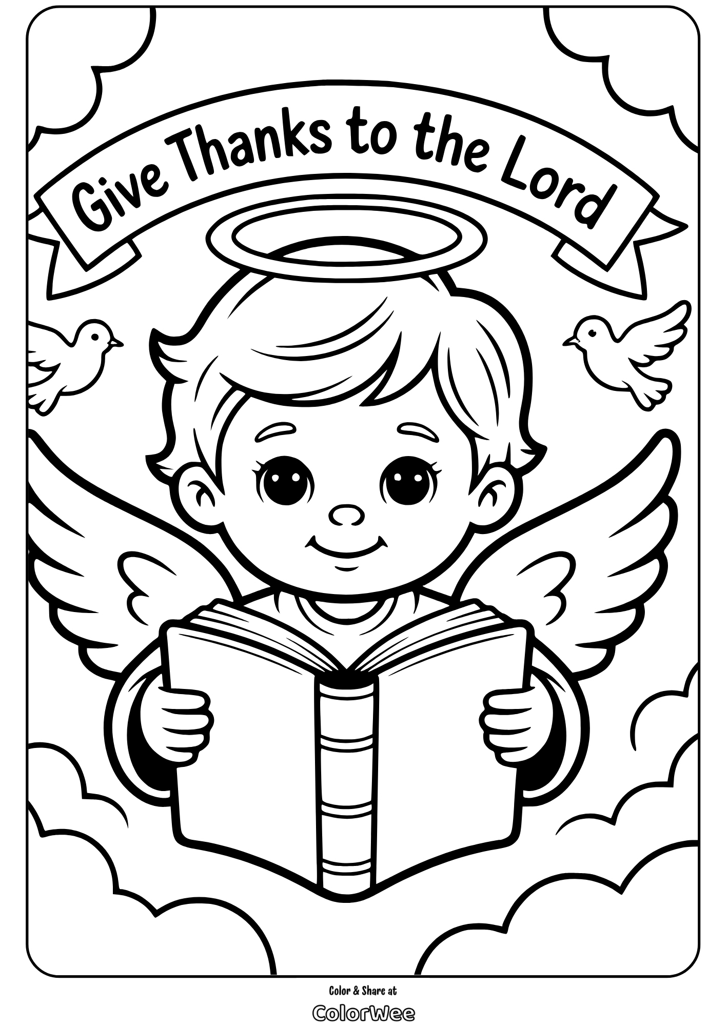 Thanksgiving bible angel give thanks coloring page Angel reading book with Give Thanks to the Lord text, clouds, and birds.