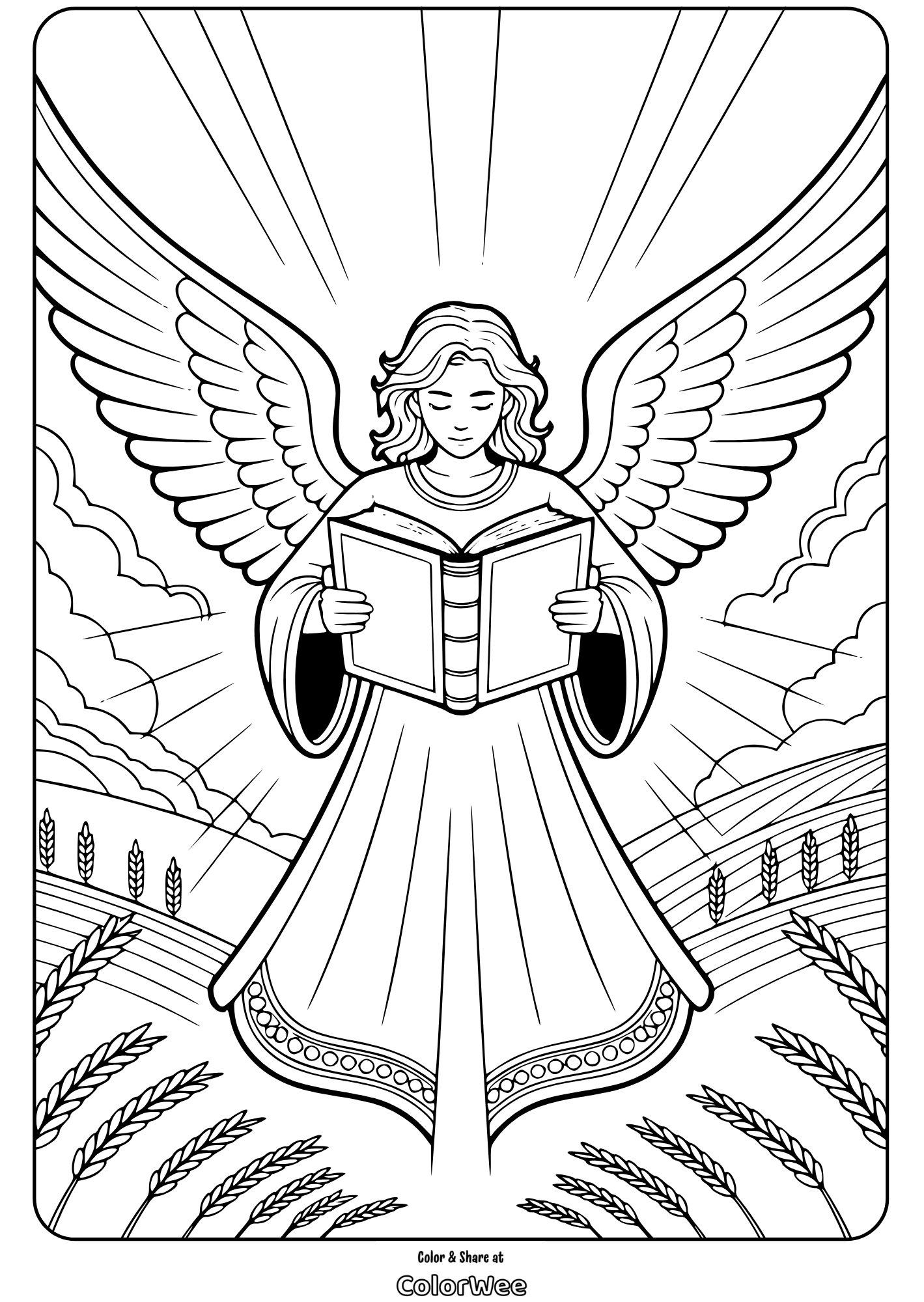 Thanksgiving bible angel with book coloring page Angel reading book coloring page with radiant wings and peaceful scenery.