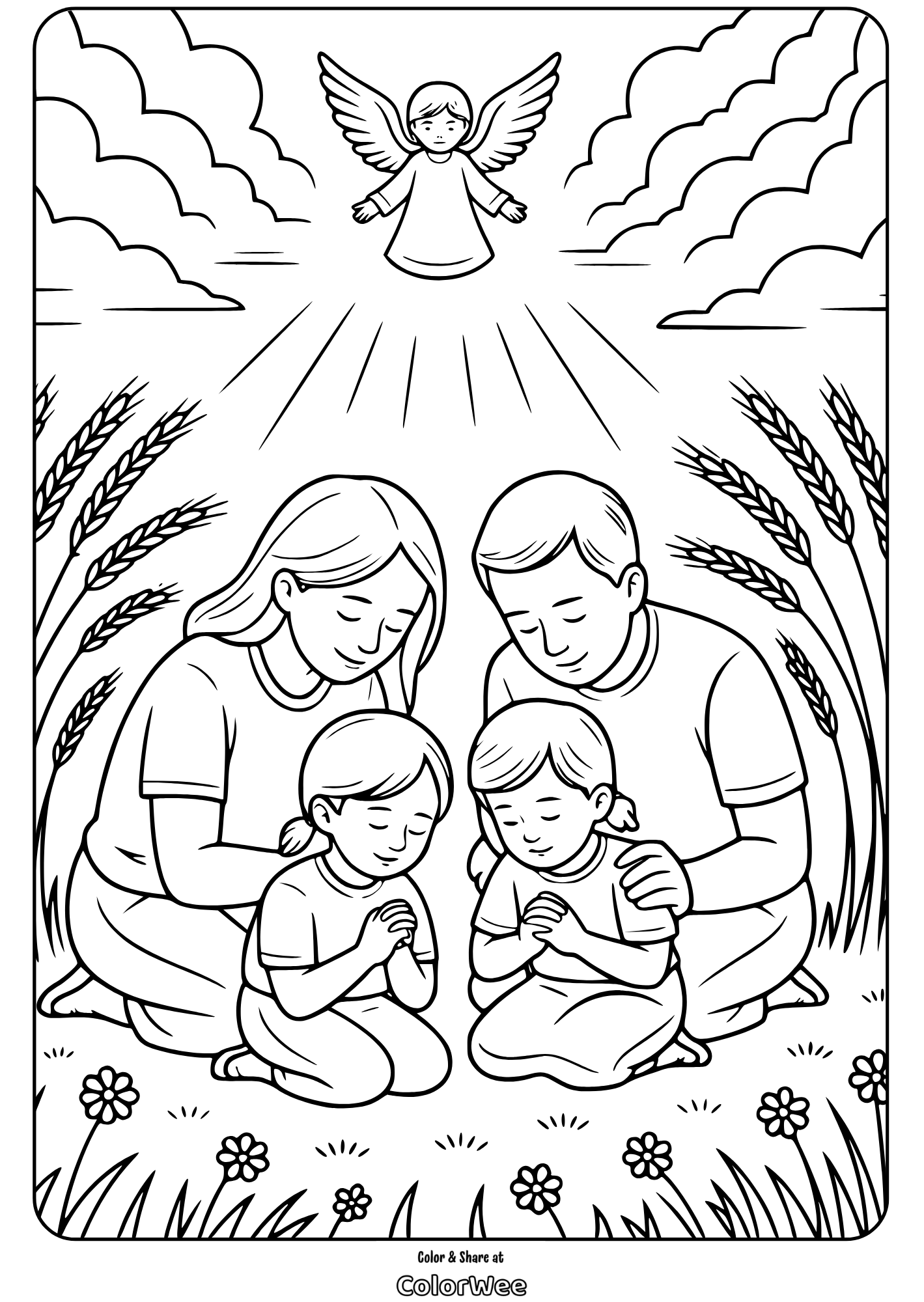 Thanksgiving bible family praying angel coloring page Family praying with an angel watching over them coloring page.