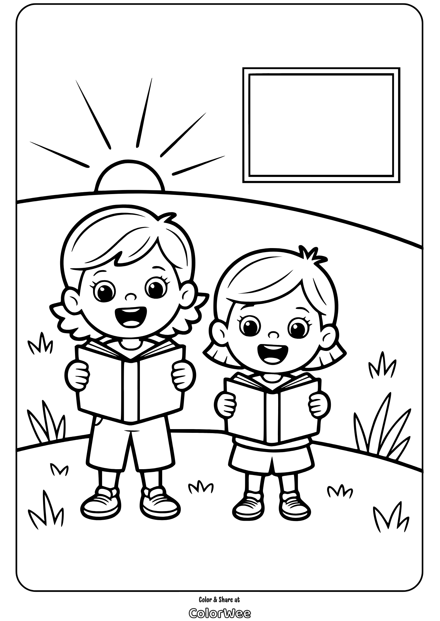 Thanksgiving bible kids reading sunrise coloring page Children reading books with sunrise background illustration.