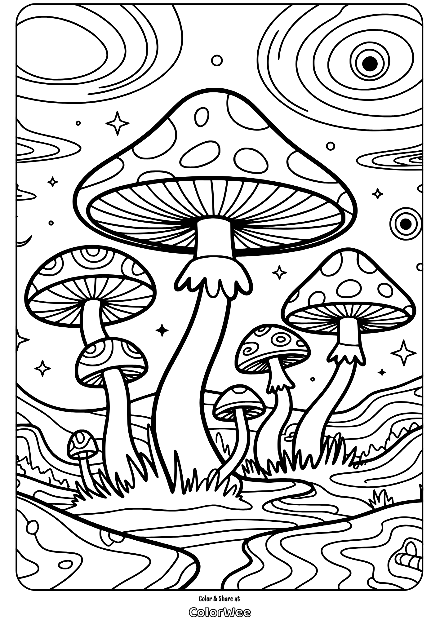 Trippy Mushroom fantasy forest swirl sky Fantasy mushroom landscape coloring page with whimsical patterns.