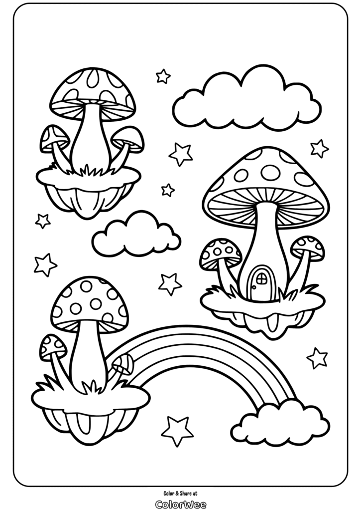Trippy Mushroom floating islands with rainbow Fantasy mushroom village coloring page with clouds and rainbow.