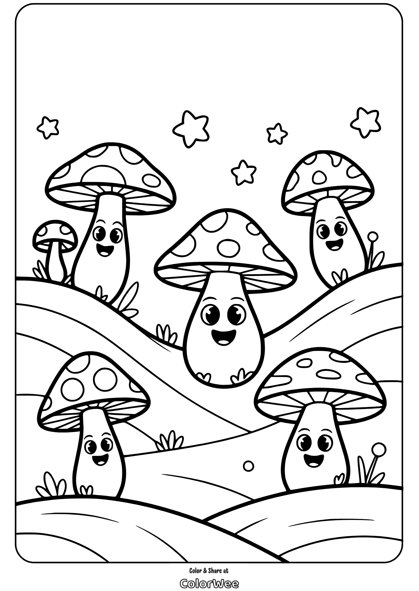 Trippy Mushroom happy family on hills Cute mushroom characters coloring page with smiling faces.