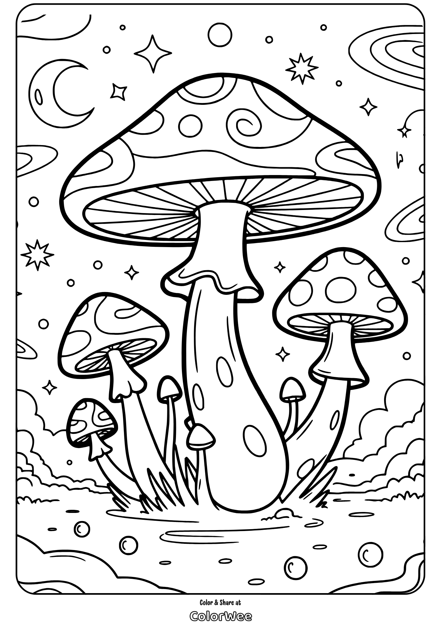 Trippy Mushroom magical starry scene Coloring page with whimsical mushrooms and celestial background.