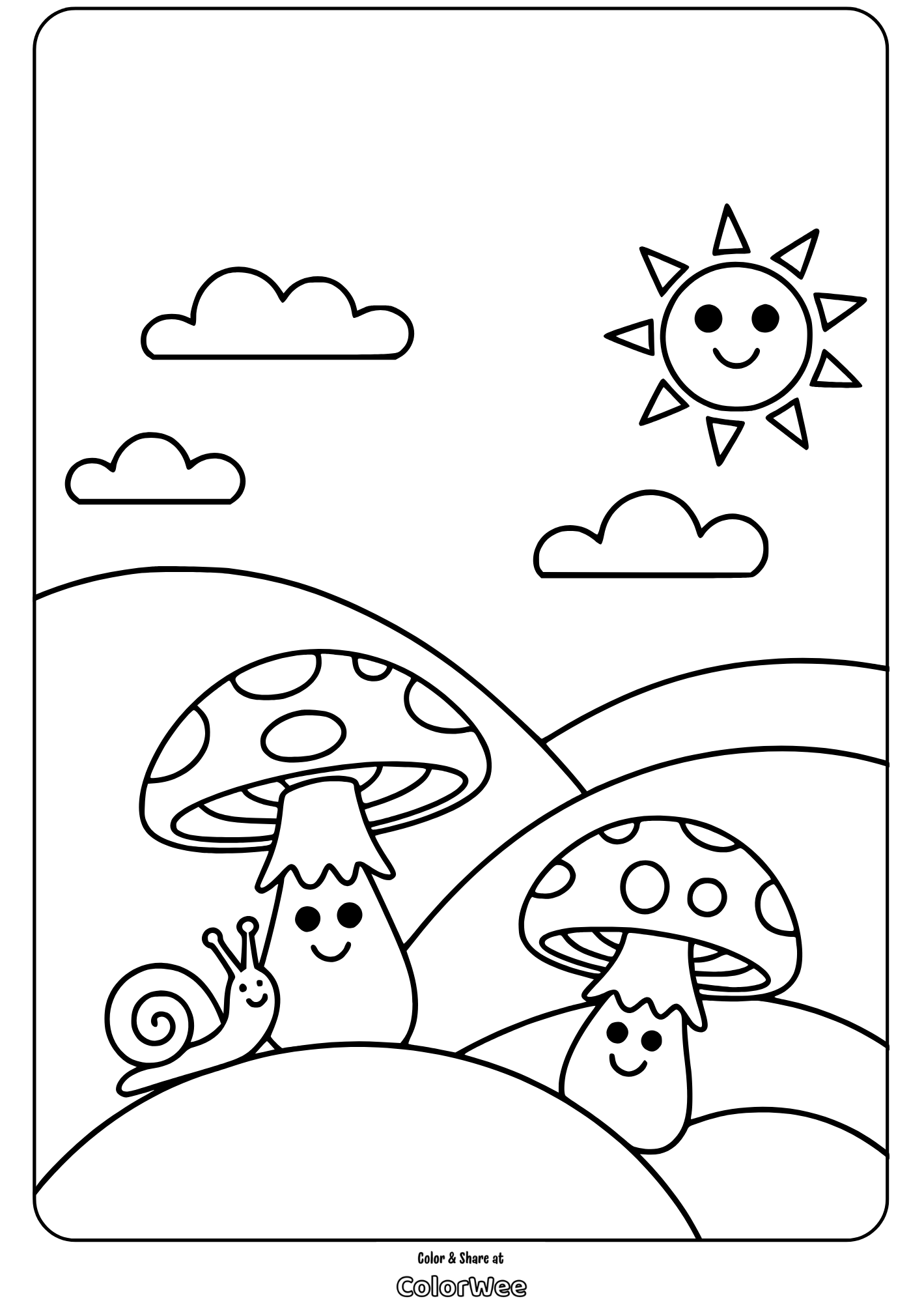 Trippy Mushroom smiling with snail and sun Coloring page with cute mushrooms, a snail, and a smiling sun.