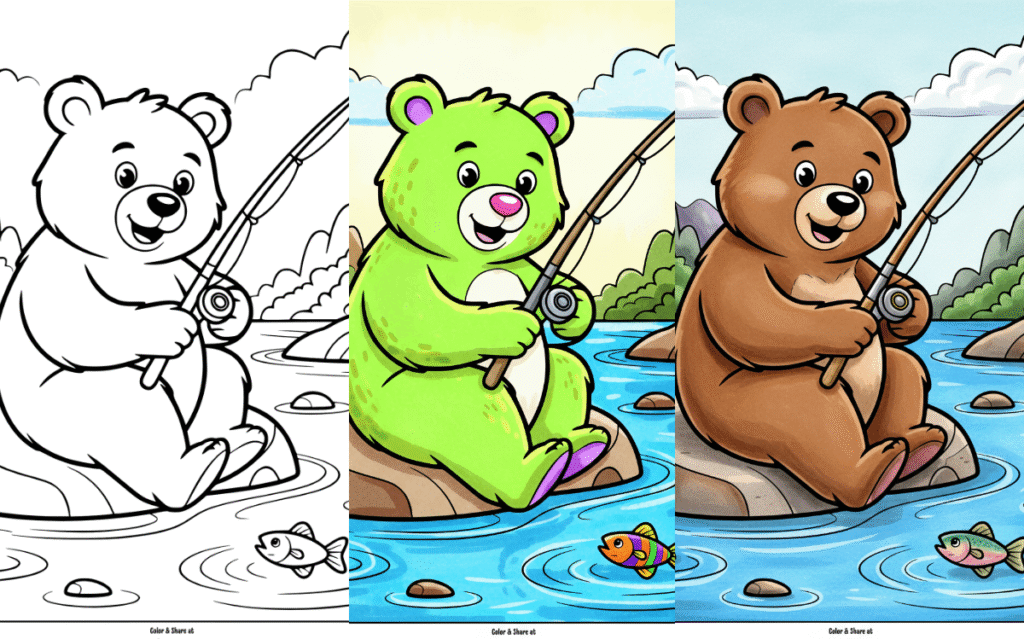 Untitled design 1 Bear fishing by a river, coloring page triptych.